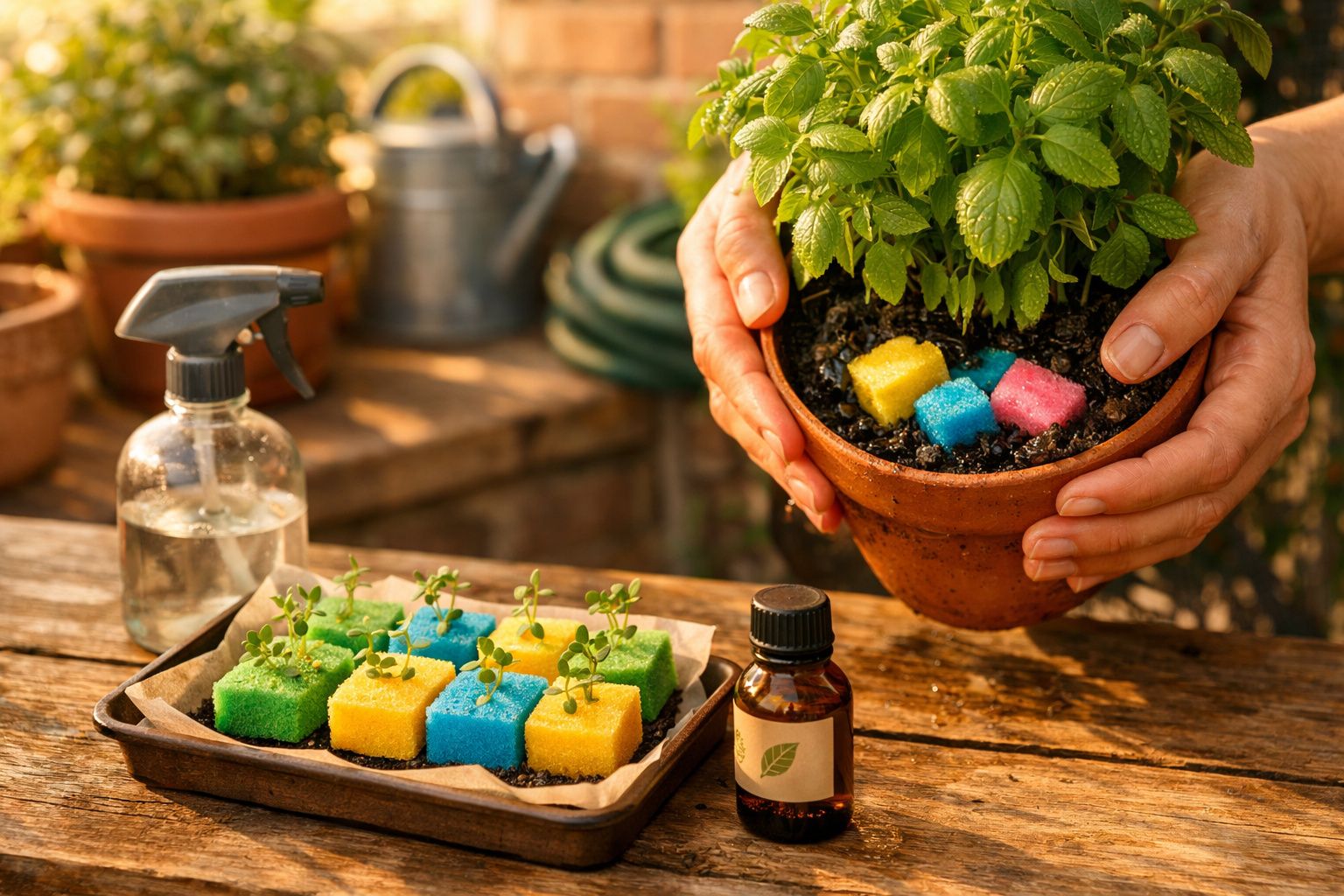 Mãos seguram vaso com planta e esponjas coloridas com mudas em bandeja de jardim sobre mesa de madeira.