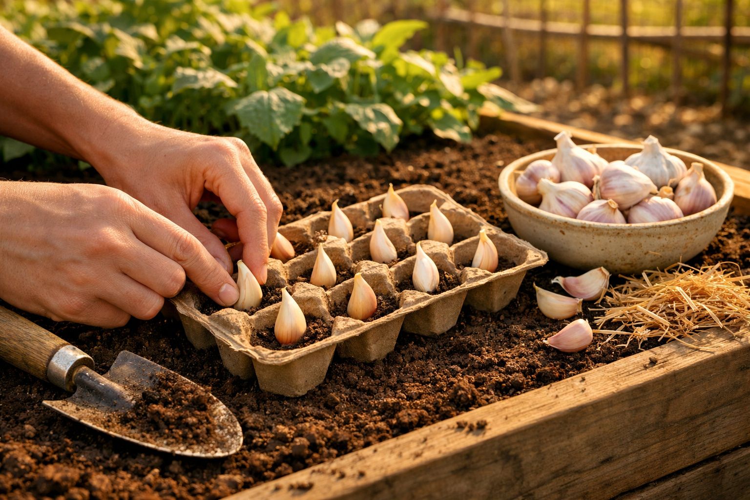 Mãos plantando dentes de alho em bandeja com terra num canteiro, com tigela cheia de alho ao lado.