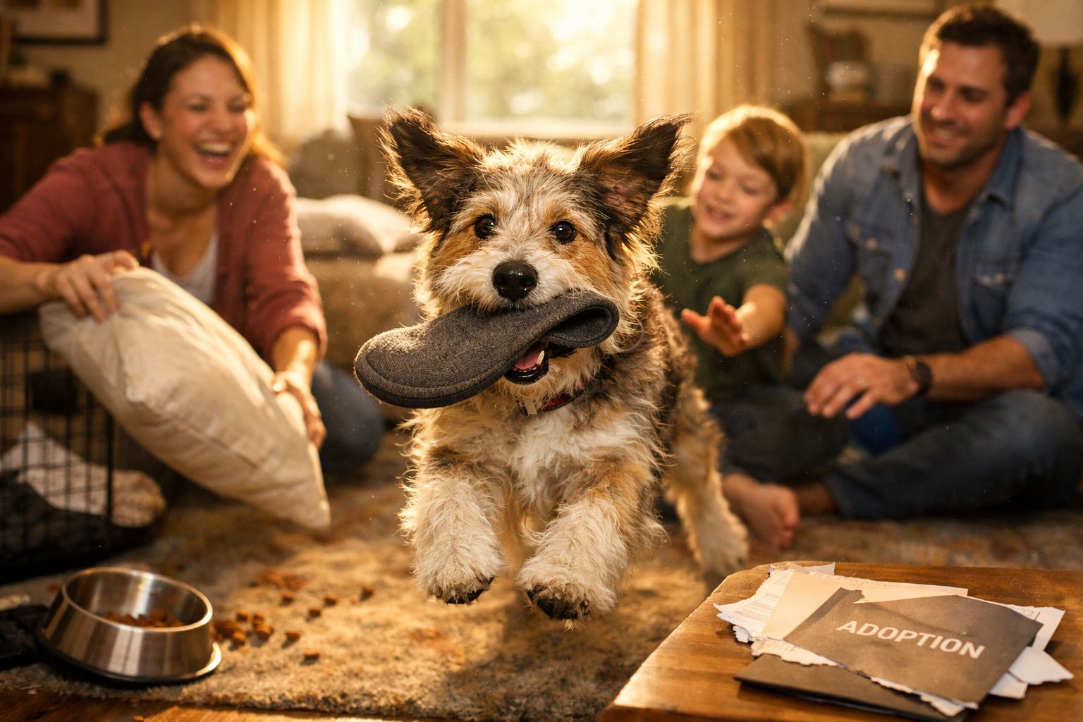 Cachorro pulando com chinelo na boca e família feliz no fundo, em ambiente aconchegante.