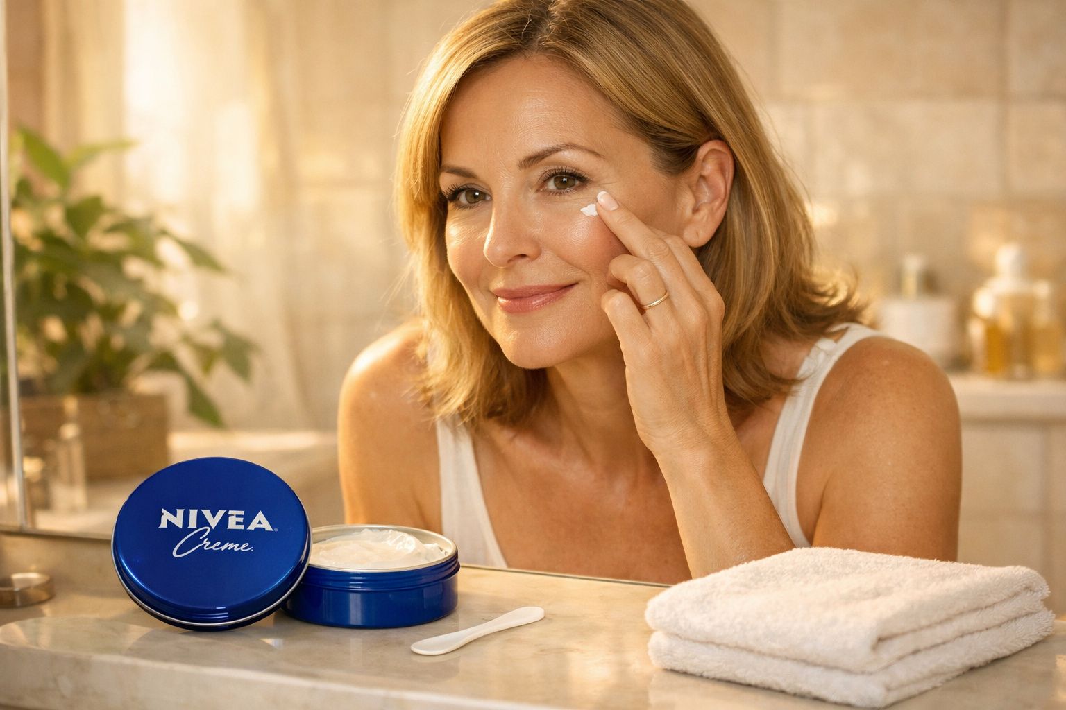 Mulher aplicando creme hidratante Nivea no rosto em banheiro iluminado e organizado.
