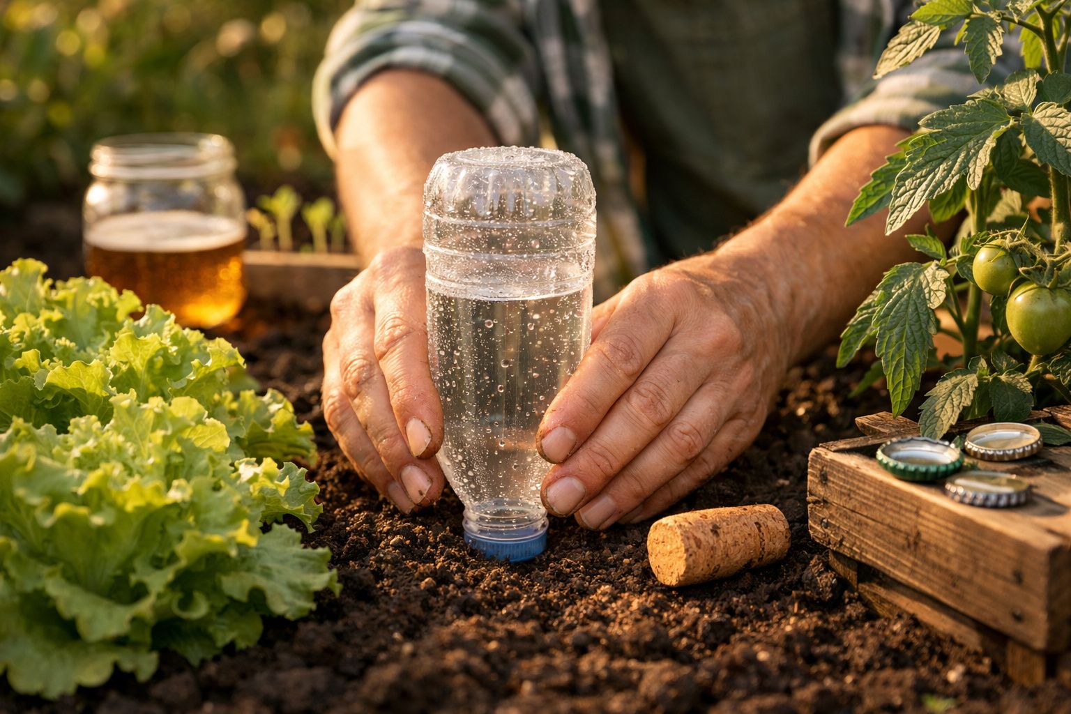 Pessoa colocando uma garrafa plástica com água na terra de um jardim ao lado de plantas e uma rolha.