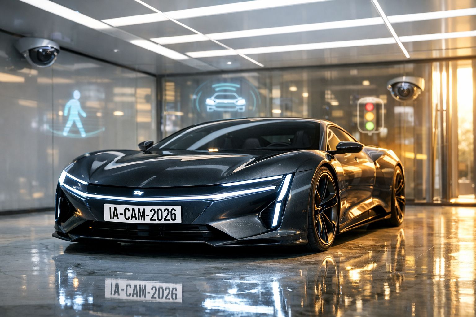 Carro elétrico esportivo preto em exposição com luzes de LED e placas IA-CAM-2026 em ambiente moderno.