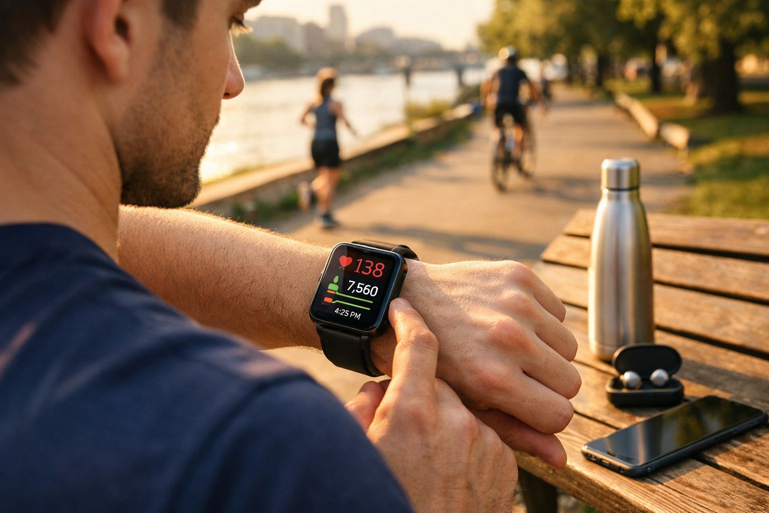 Pessoa verificando batimentos cardíacos em smartwatch durante atividade física ao ar livre em parque.