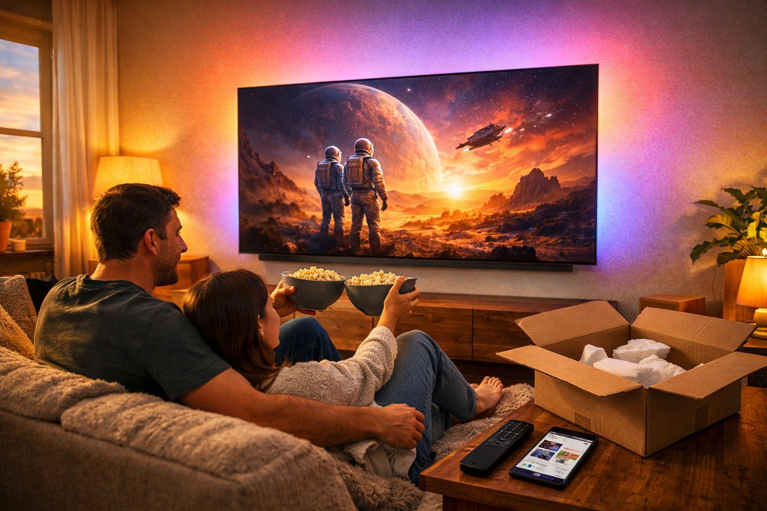 Casal assistindo filme de ficção científica sobre astronautas em sala aconchegante com pipoca e caixa aberta.