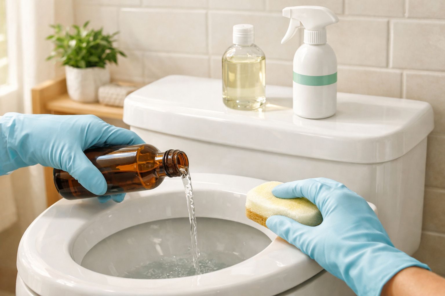 Pessoa com luvas azuis despejando produto de limpeza em vaso sanitário, segurando esponja amarela no banheiro.