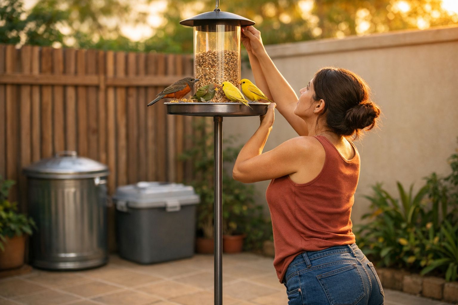Mulher alimenta pássaros coloridos em comedouro no quintal durante o dia.