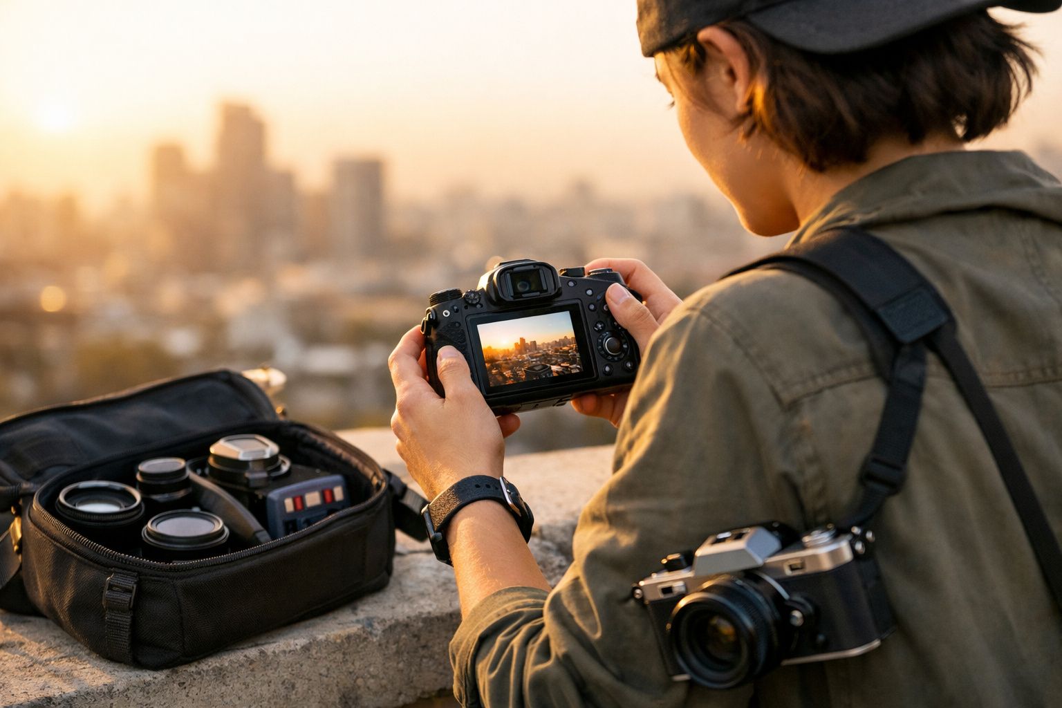 Pessoa fotografando o pôr do sol na cidade, com câmeras e lentes em bolsa aberta ao lado.
