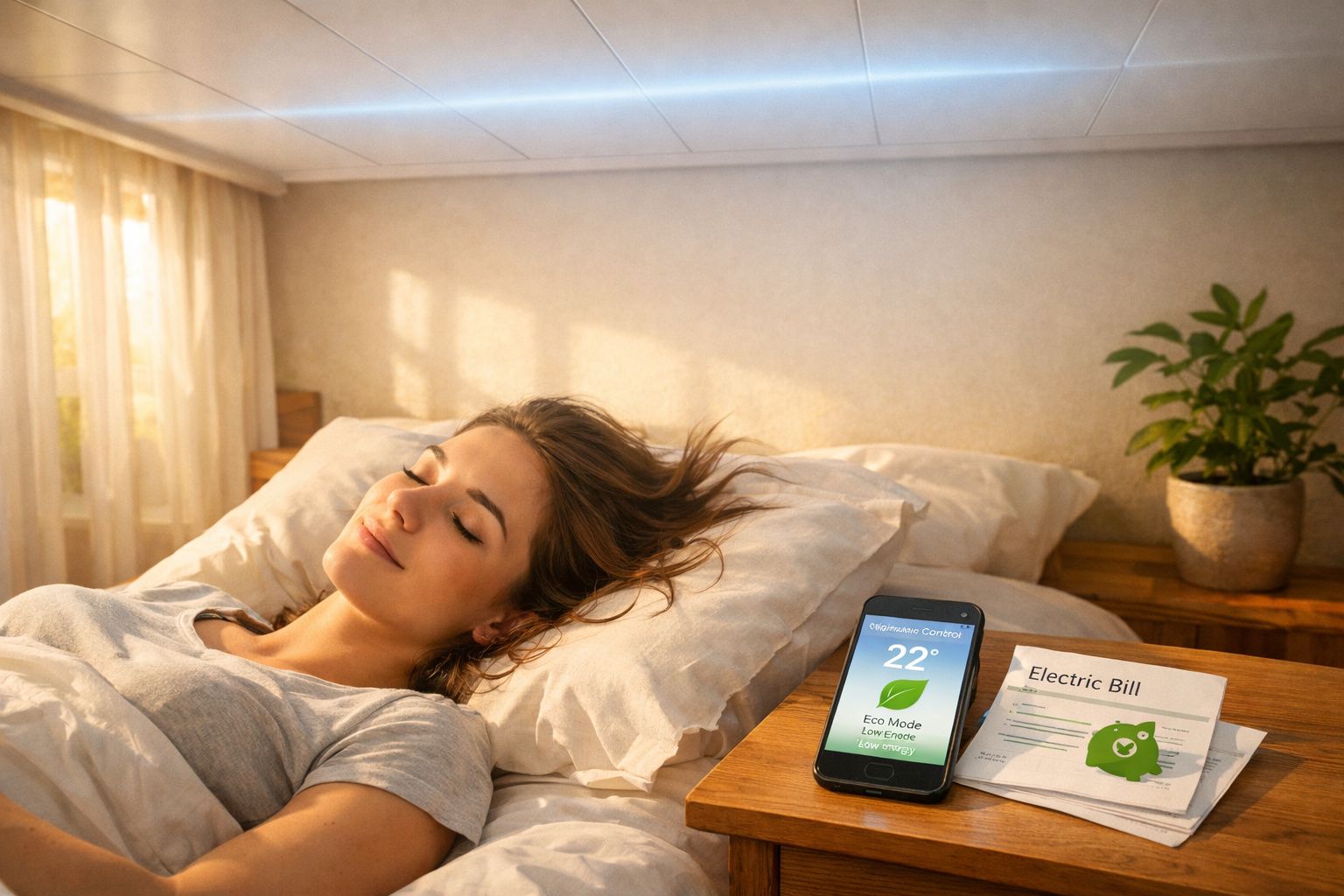Mulher relaxando na cama ao lado de smartphone com controle de temperatura e conta de luz sobre mesa.