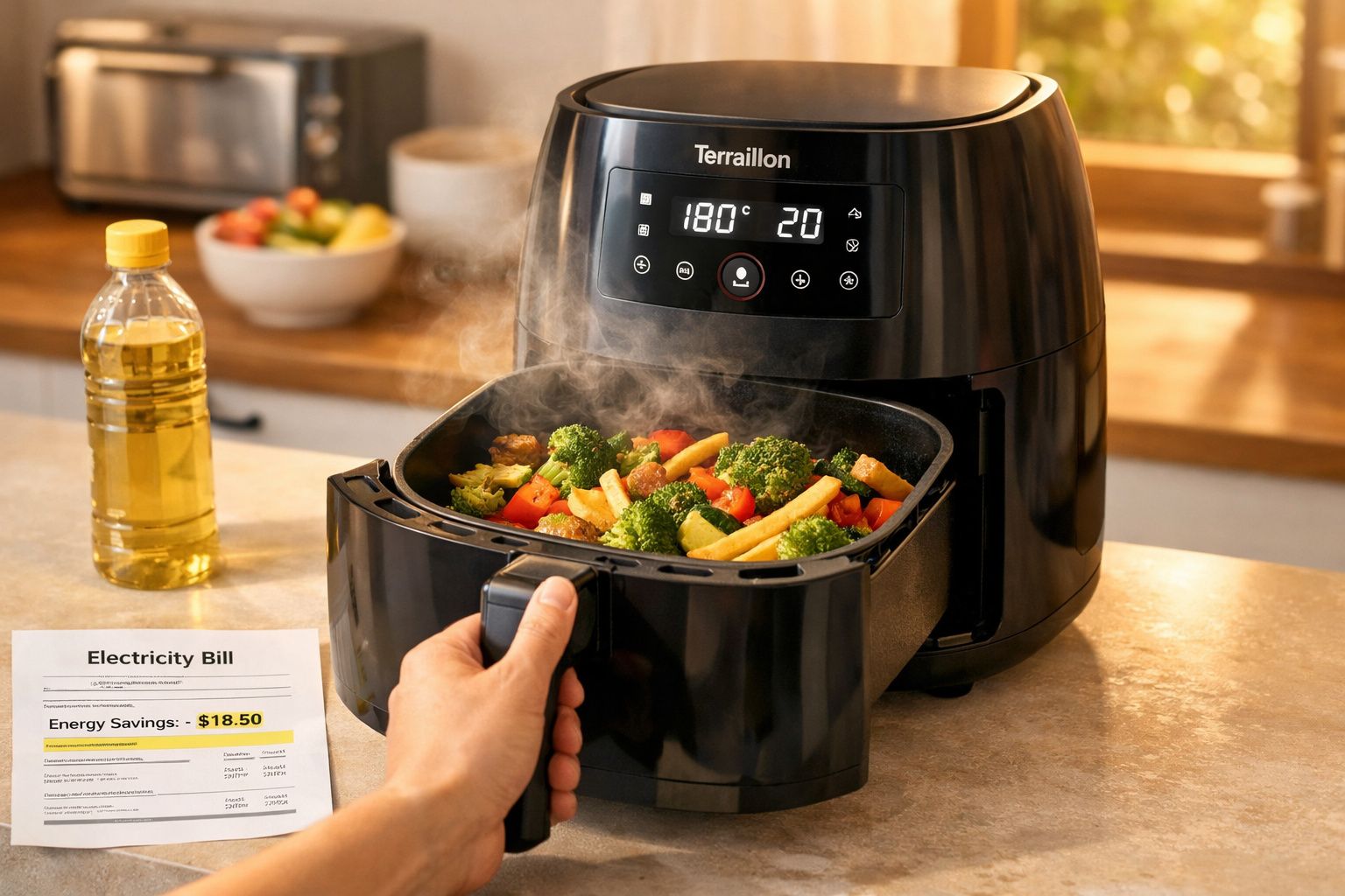 Pessoa retirando alimentos cozidos na airfryer preta Terraillon em balcão de cozinha iluminada.