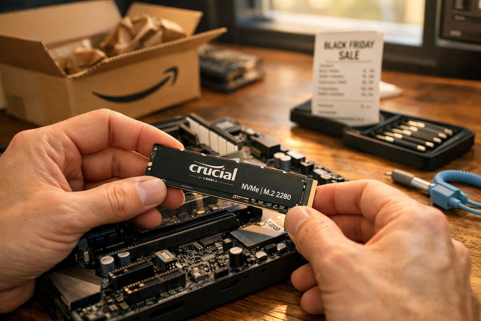 Mãos segurando um SSD Crucial NVMe M.2 2280 sobre uma placa-mãe, com caixa e ferramentas ao fundo.