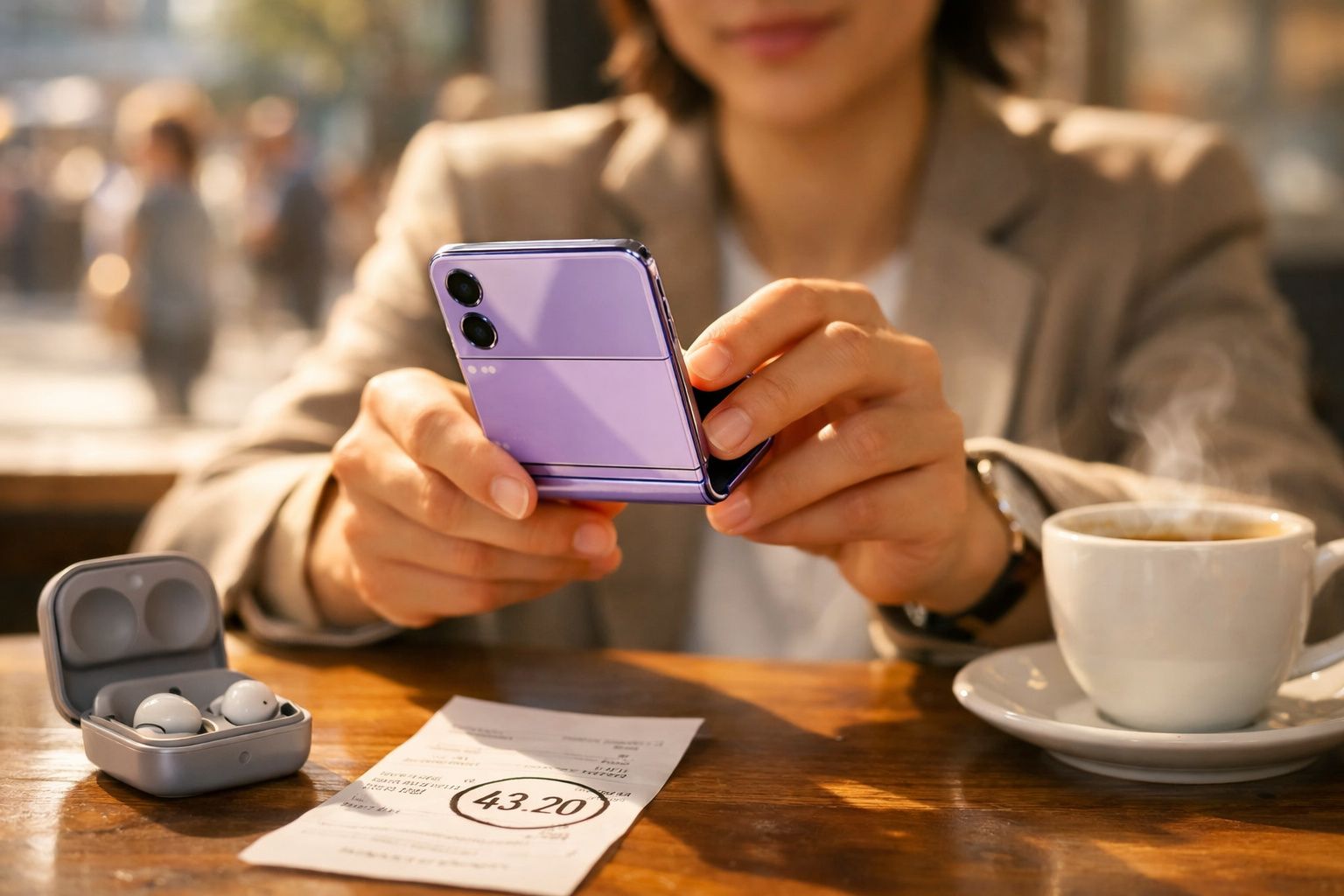 Pessoa segurando celular dobrável roxo em mesa com fones, recibo e xícara de café fumegante.