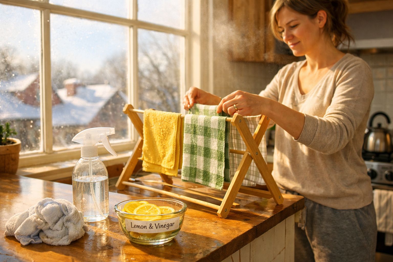 Mulher coloca panos para secar em suporte de madeira na cozinha iluminada pelo sol.