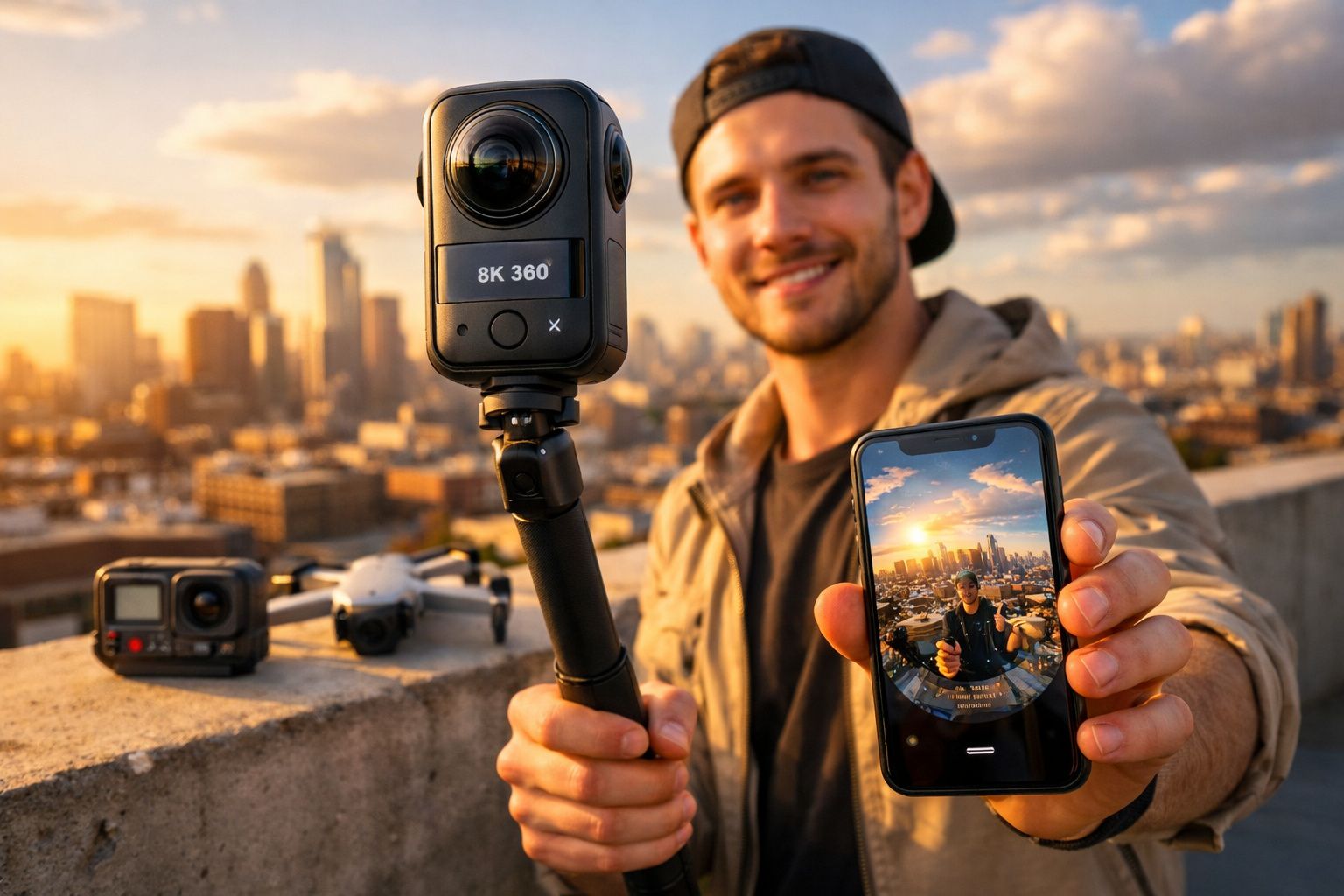 Homem segurando câmera 8K 360 e celular mostrando selfie com paisagem urbana ao pôr do sol.