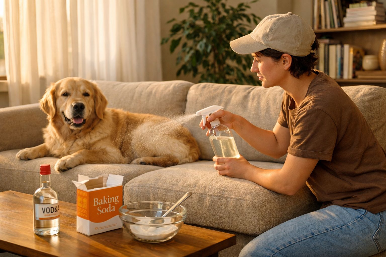 Pessoa aplicando spray caseiro em cachorro dourado deitado no sofá, com garrafa de vodka e bicarbonato na mesa.