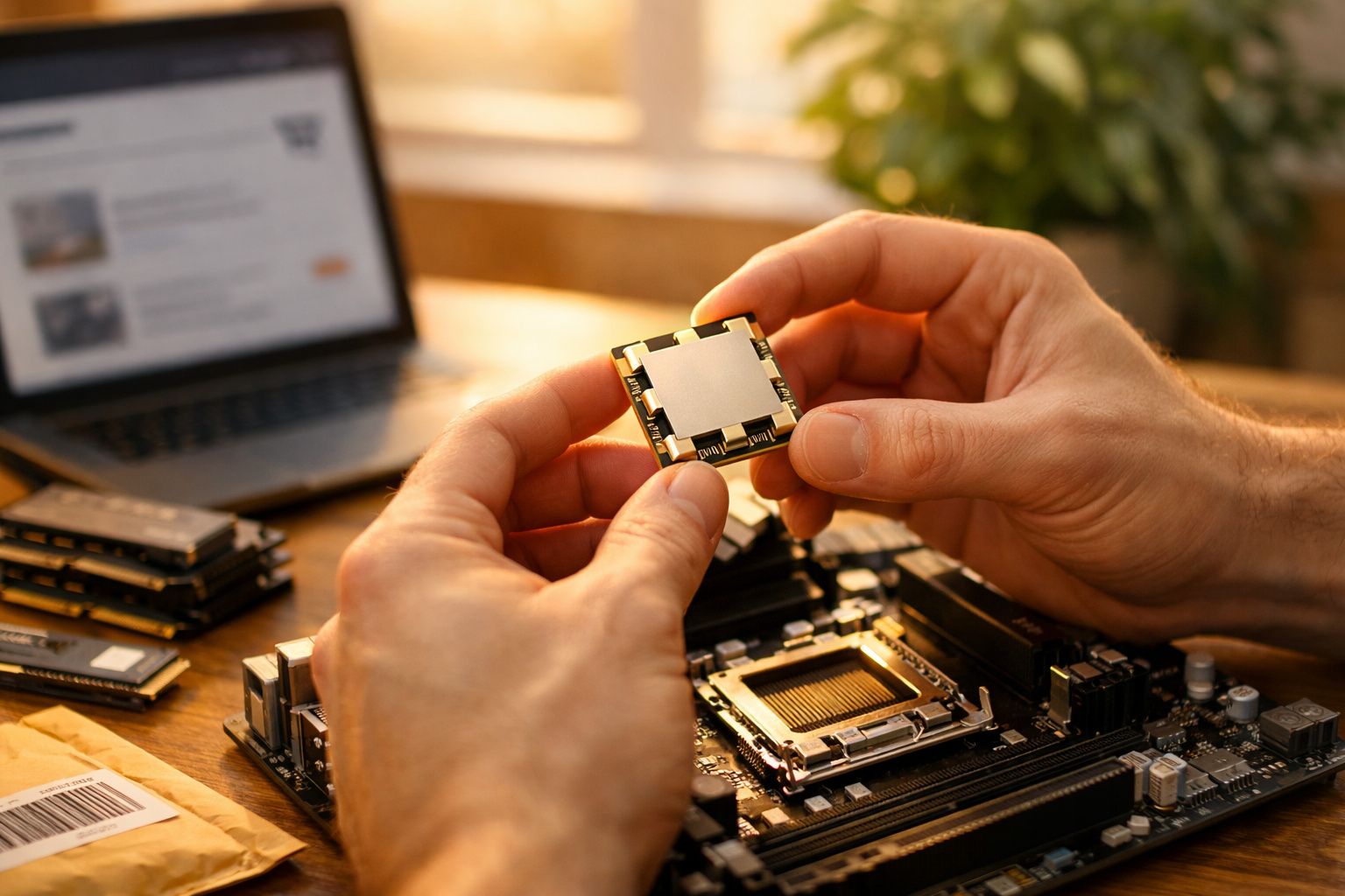 Mãos segurando um processador próximo a uma placa-mãe com notebook e memórias RAM ao fundo.