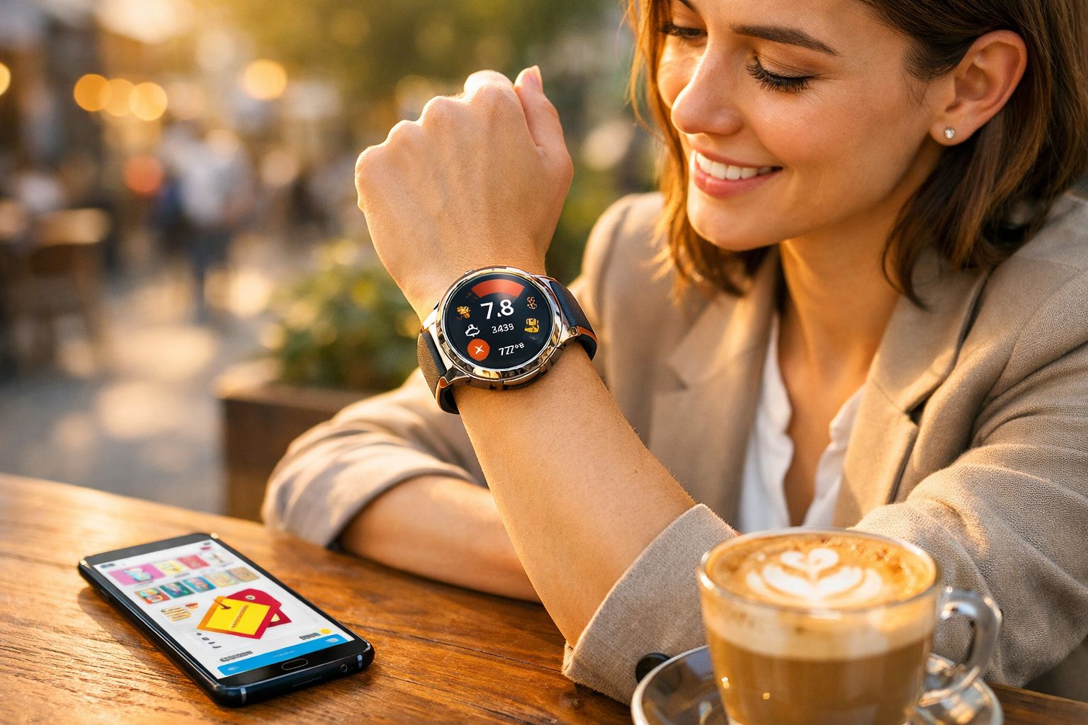 Mulher sorrindo mostrando smartwatch com app de saúde, celular e café em mesa de madeira ao ar livre.