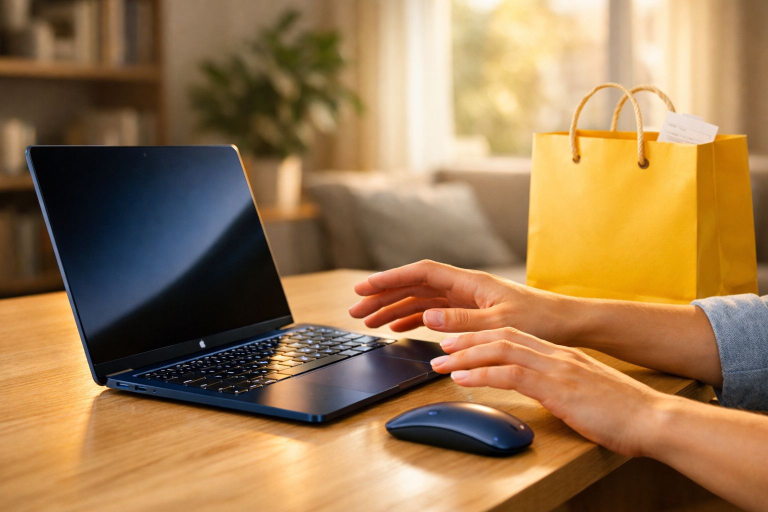 Mãos de pessoa usando notebook preto com mouse ao lado e sacola amarela sobre mesa de madeira.