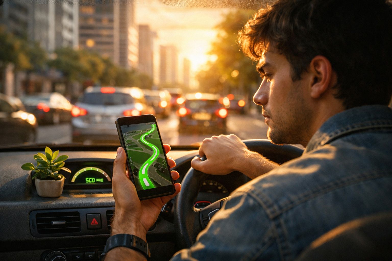 Homem dirigindo com celular mostrando aplicativo de navegação em estrada movimentada ao pôr do sol.