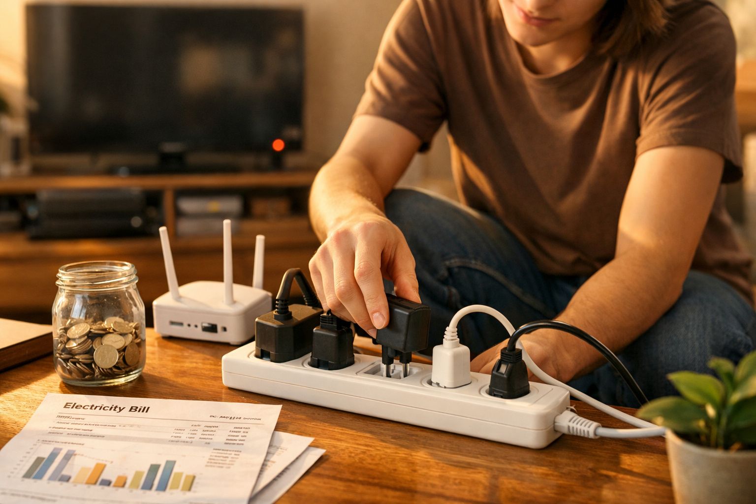 Pessoa conectando plugue em régua de energia com conta de eletricidade, cofrinho e roteador na mesa.