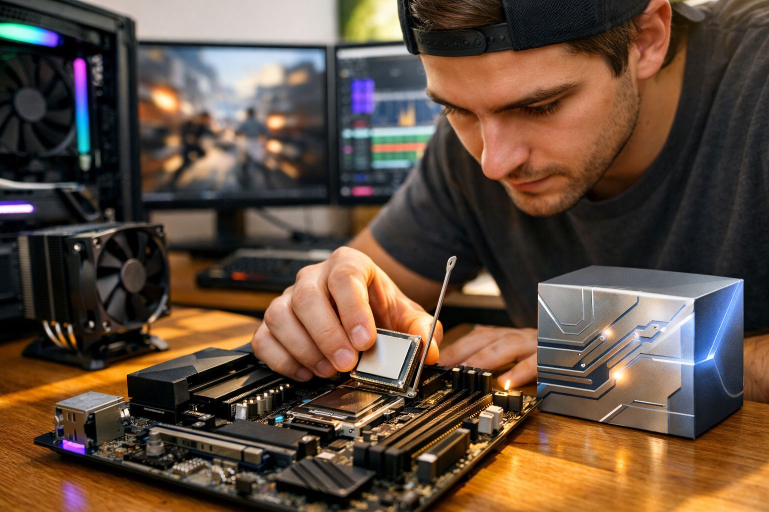 Homem instalando processador em placa-mãe com computadores ao fundo em ambiente interno.