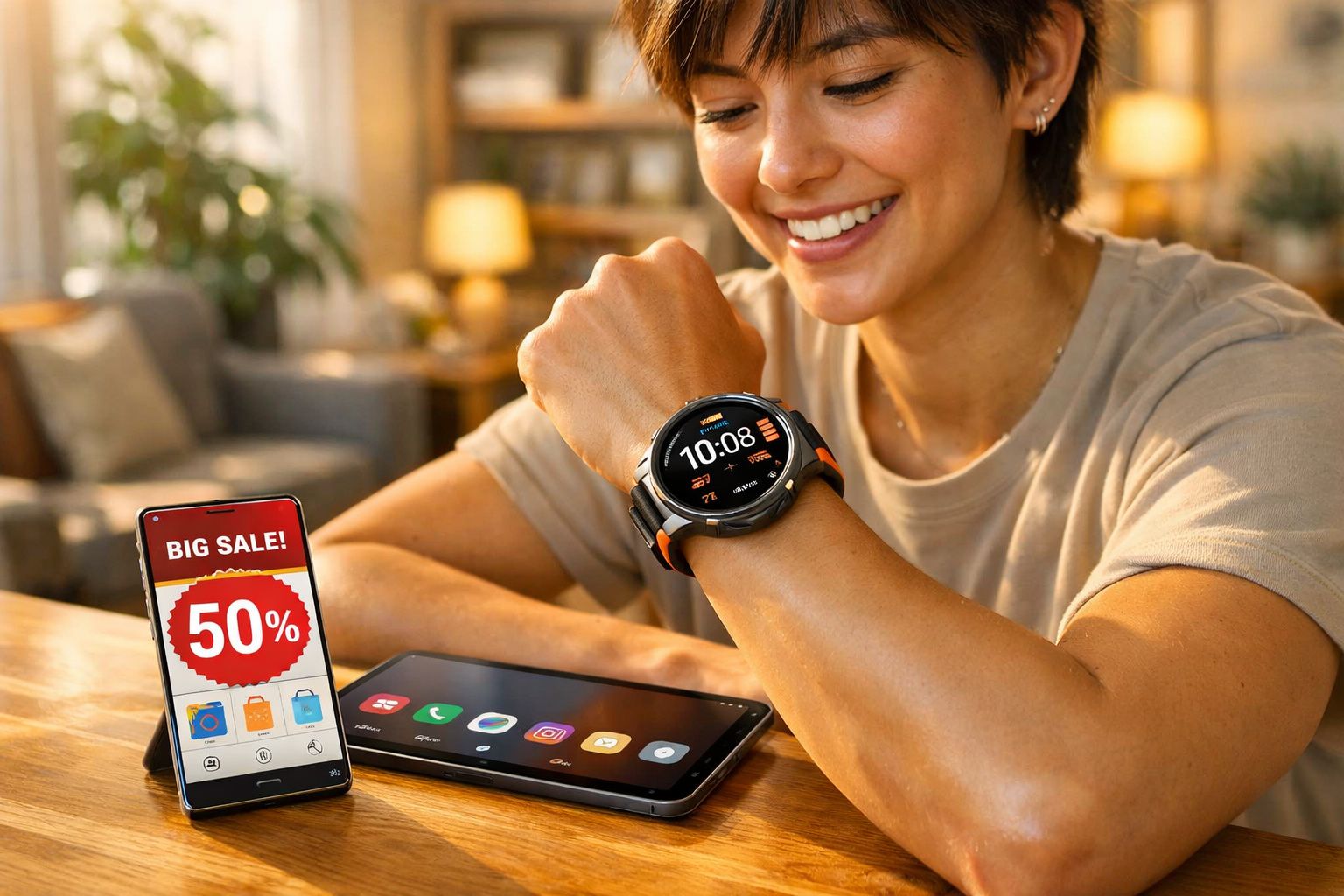 Mulher sorrindo mostrando relógio inteligente com celular ao lado exibindo promoção de 50% off.