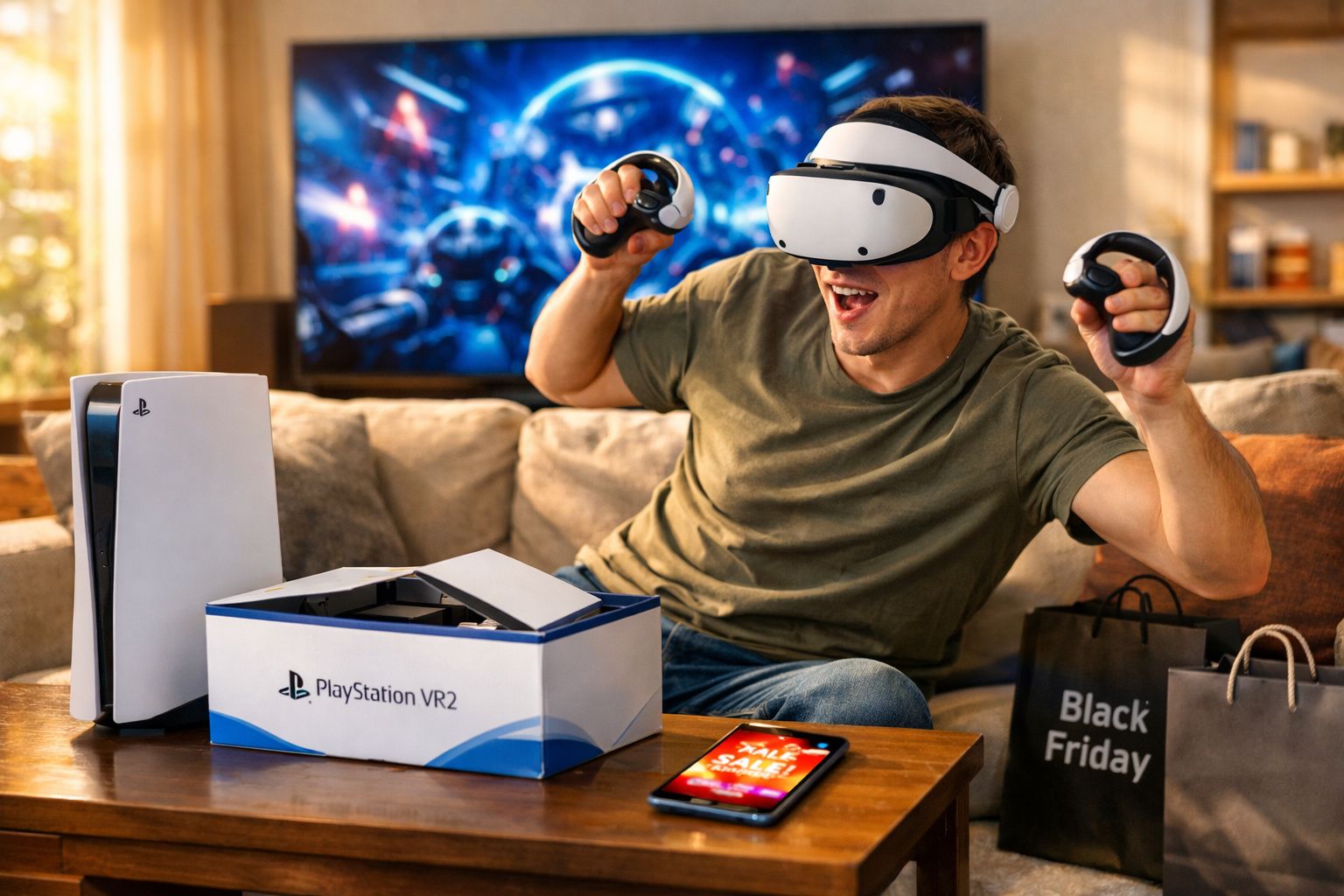 Homem usando óculos e controles de realidade virtual PlayStation VR2 sentado no sofá feliz no Black Friday.