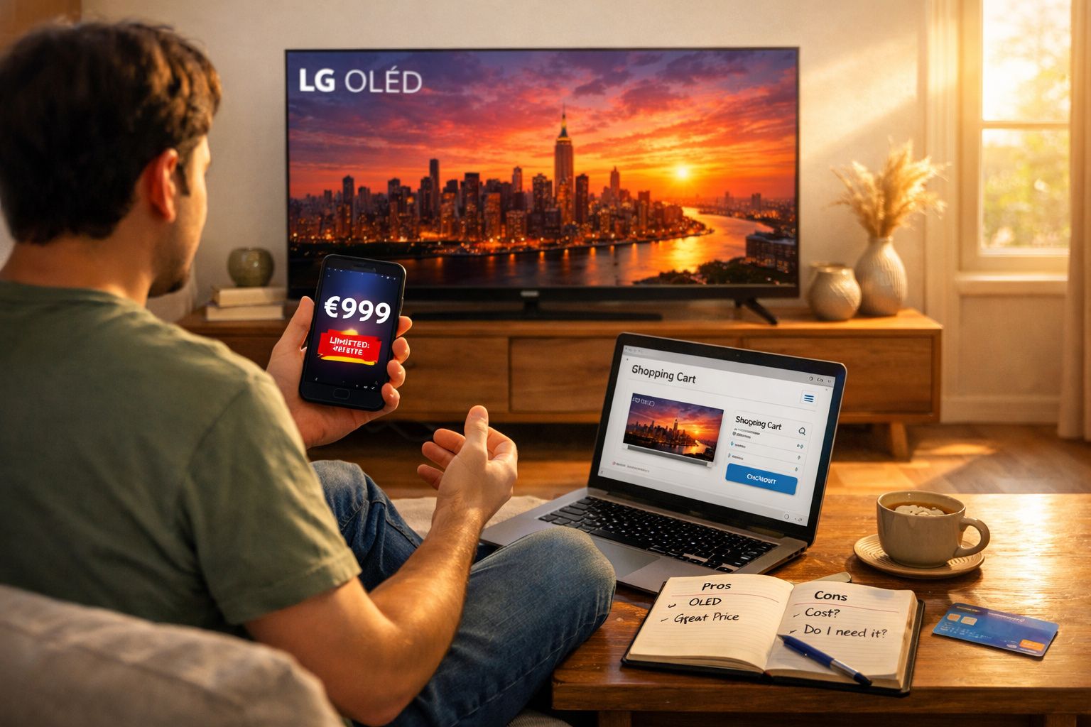 Homem sentado comprando TV LG OLED online com celular, notebook, caderno e café na sala iluminada.