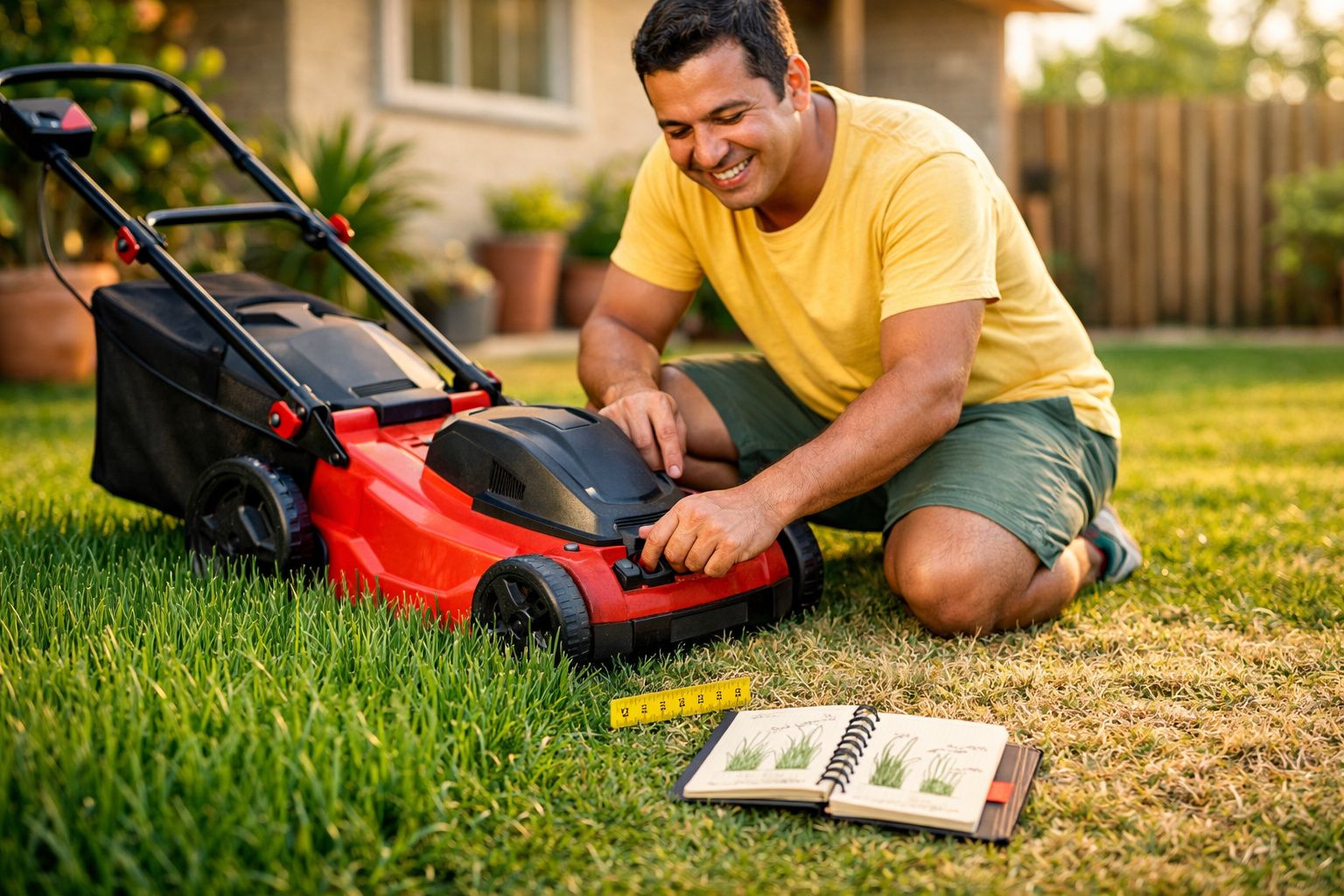 Homem sorridente ajusta cortador de grama elétrico no jardim com livro aberto e régua ao lado.