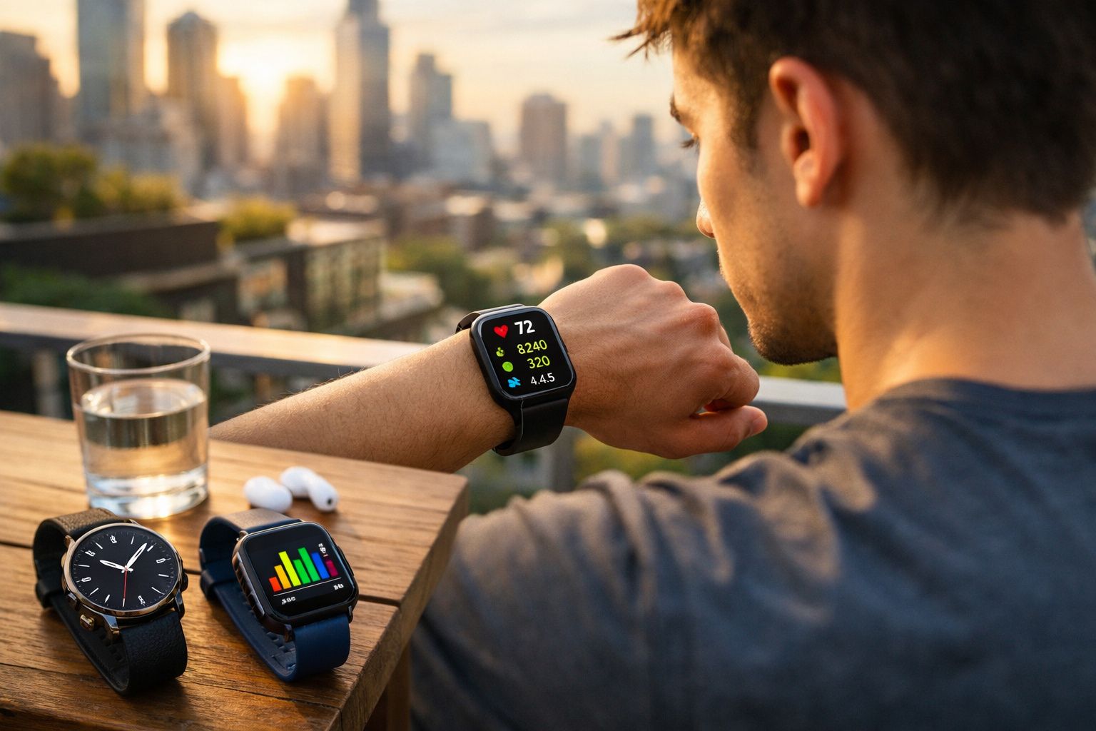 Homem olhando smartwatch com dados de saúde, mesa com outros relógios e copo de água ao pôr do sol.