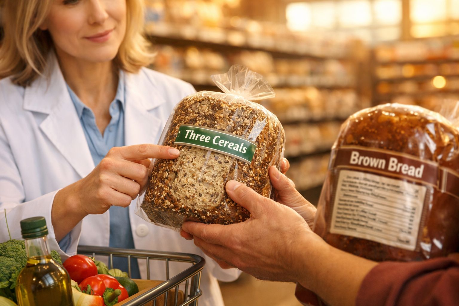 Mulher em jaleco segurando pão integral rotulado "Three Cereals" em supermercado.