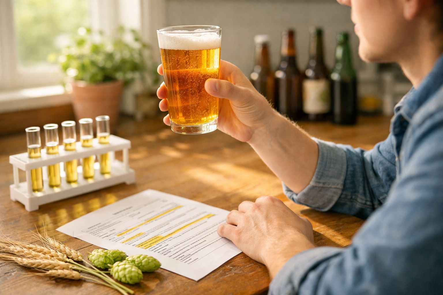 Pessoa segurando copo de cerveja com amostras em tubos de ensaio, papel e ingredientes sobre mesa de madeira.