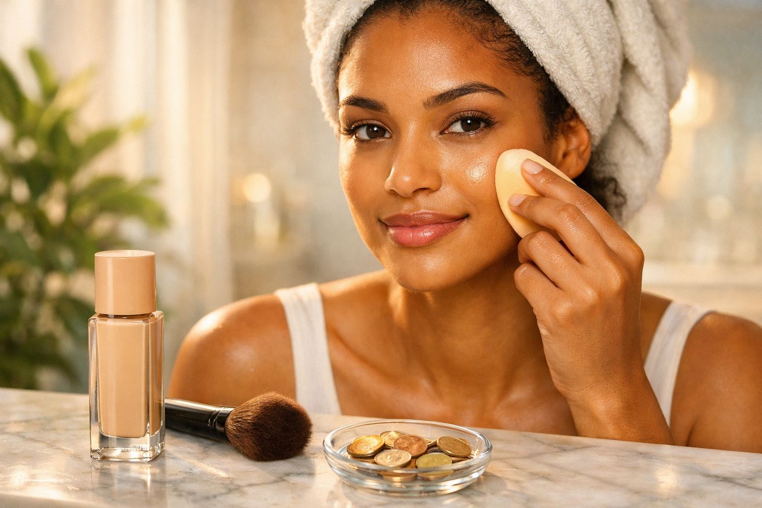 Mulher negra aplicando base com esponja facial, com toalha branca na cabeça e utensílios de maquiagem sobre a mesa.