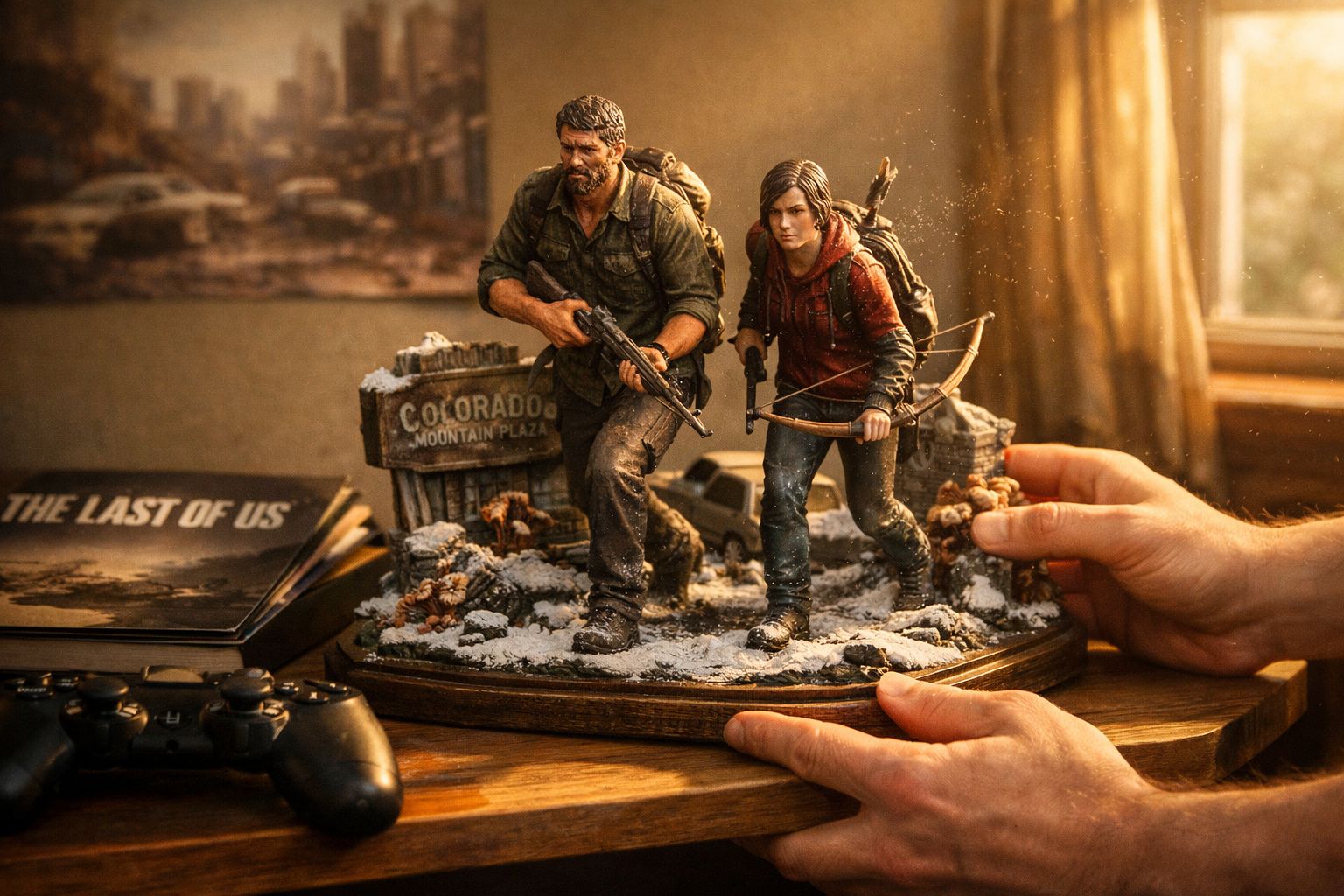 Estátua detalhada dos personagens Joel e Ellie do jogo The Last of Us em base de neve, com mãos ao redor.
