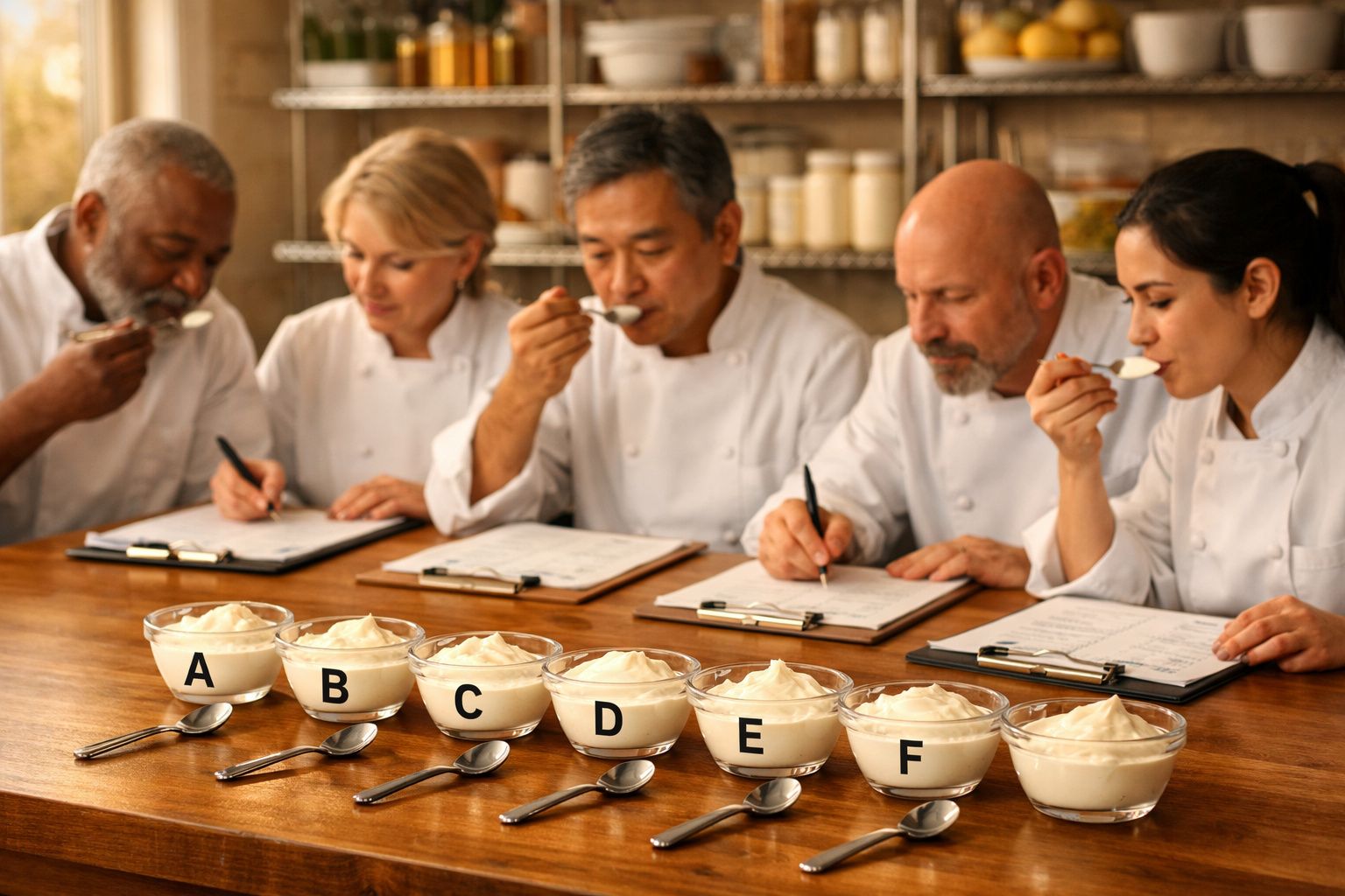 Grupo de avaliadores degustando e anotando opiniões sobre sobremesas em recipientes rotulados de A a F.