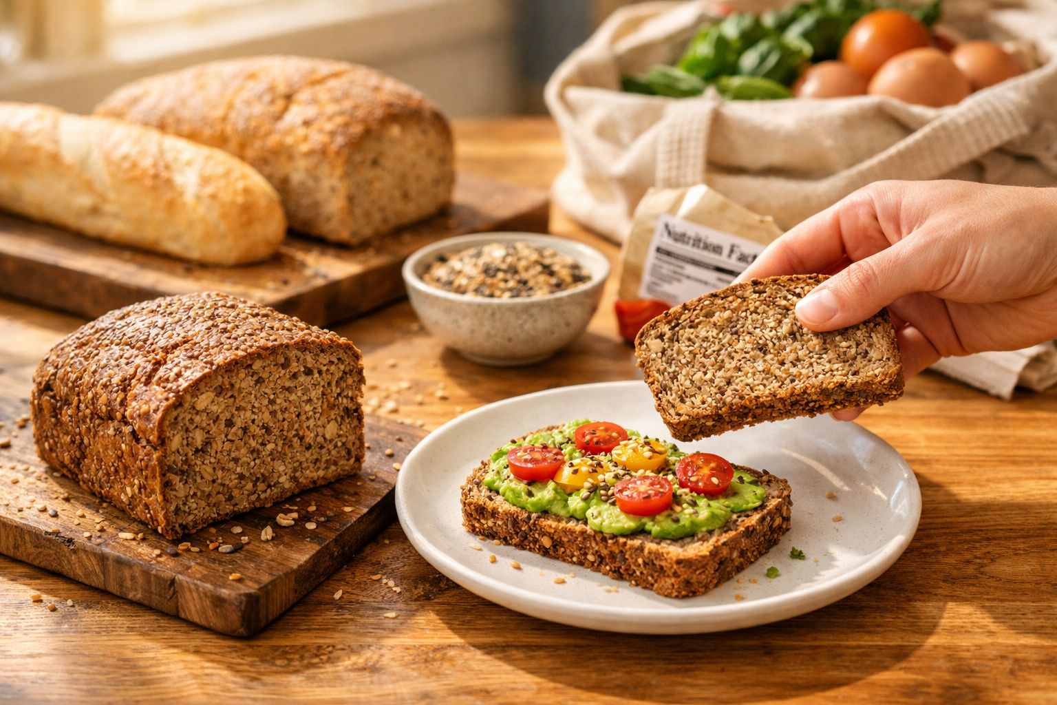 Pão integral fatiado com pasta de abacate e tomate cereja sobre prato, em mesa com pães e sementes.