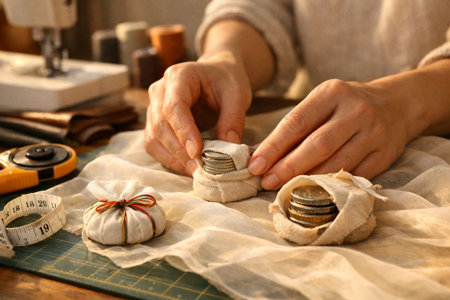 Mãos organizando moedas em pequenos sacos de tecido sobre mesa com acessórios de costura.