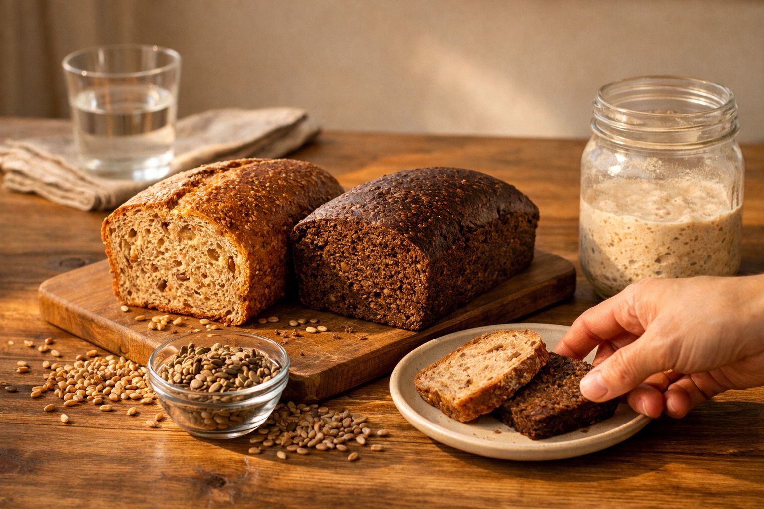 Pães de fermentação natural, um claro e outro escuro, com grãos e mão pegando fatias em prato.