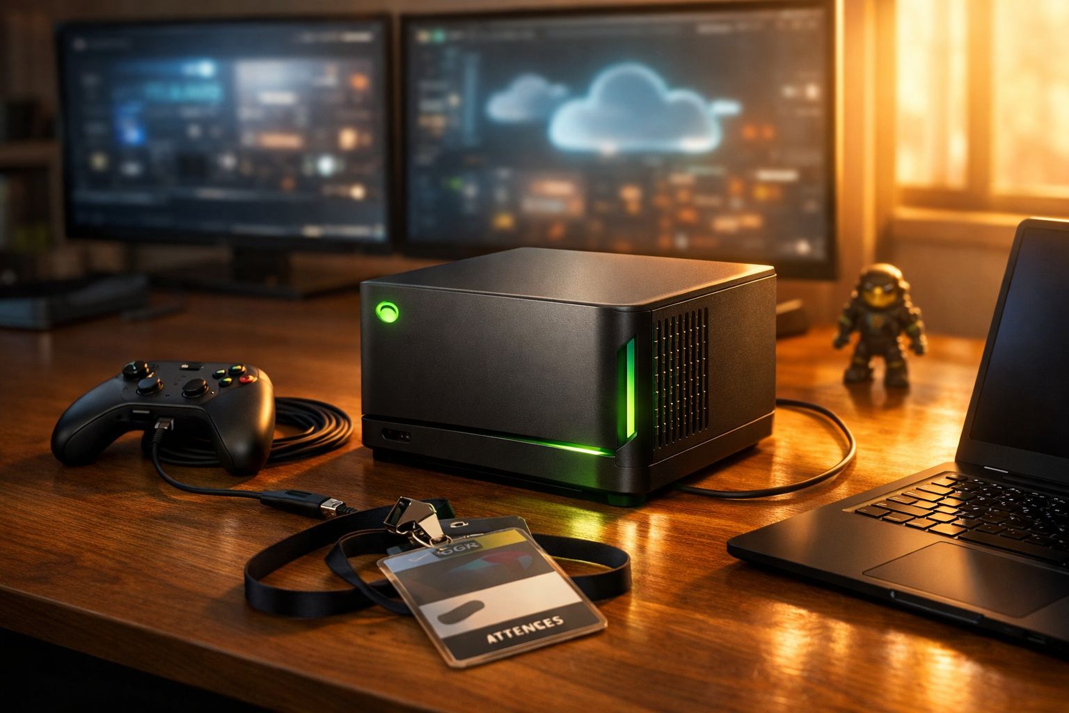 Console Xbox Series X preto ao lado de controle, crachá de acesso e notebook sobre mesa de madeira com monitores ao fundo.