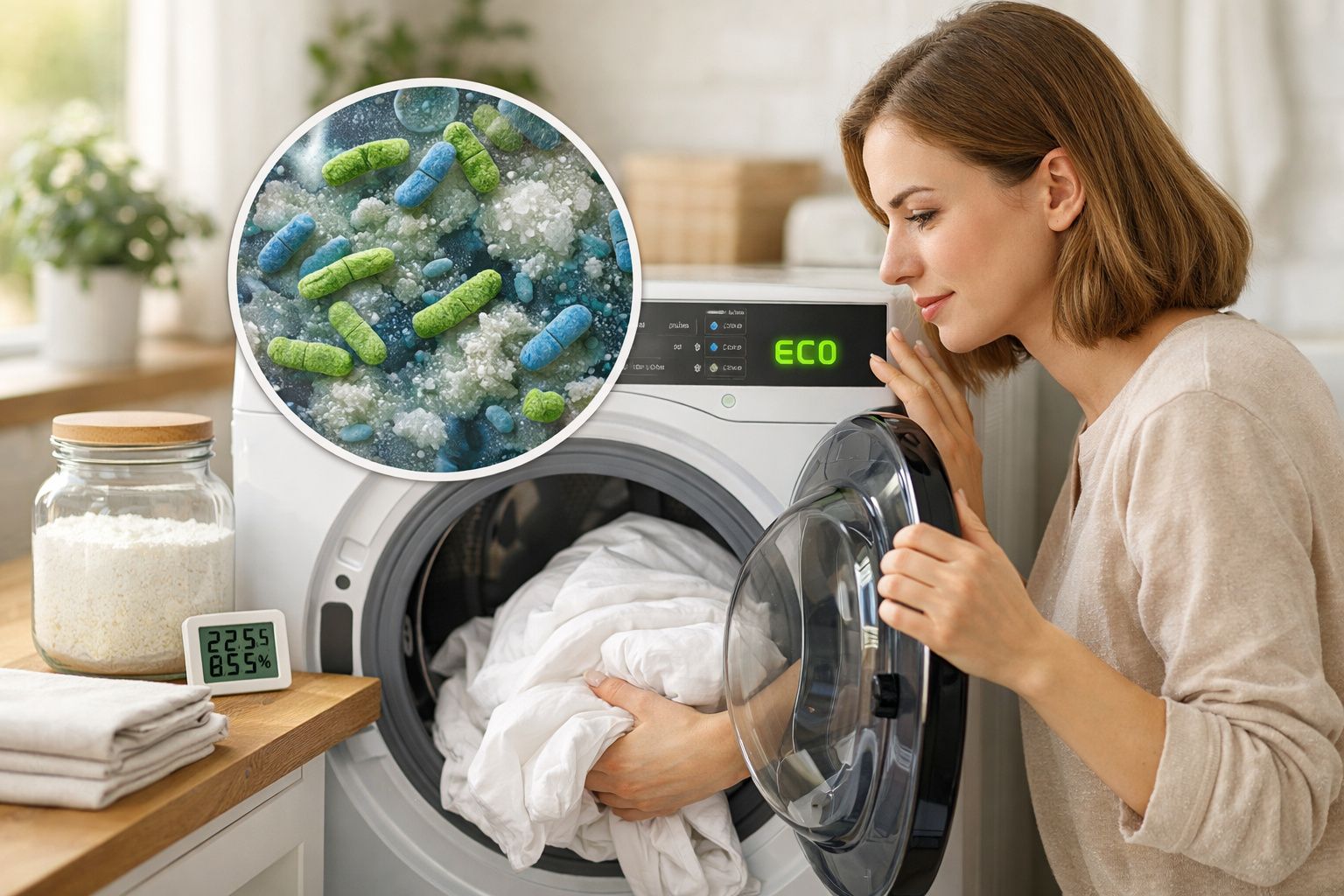 Mulher colocando roupas na máquina de lavar no modo eco com imagem ampliada de bactérias e vírus.