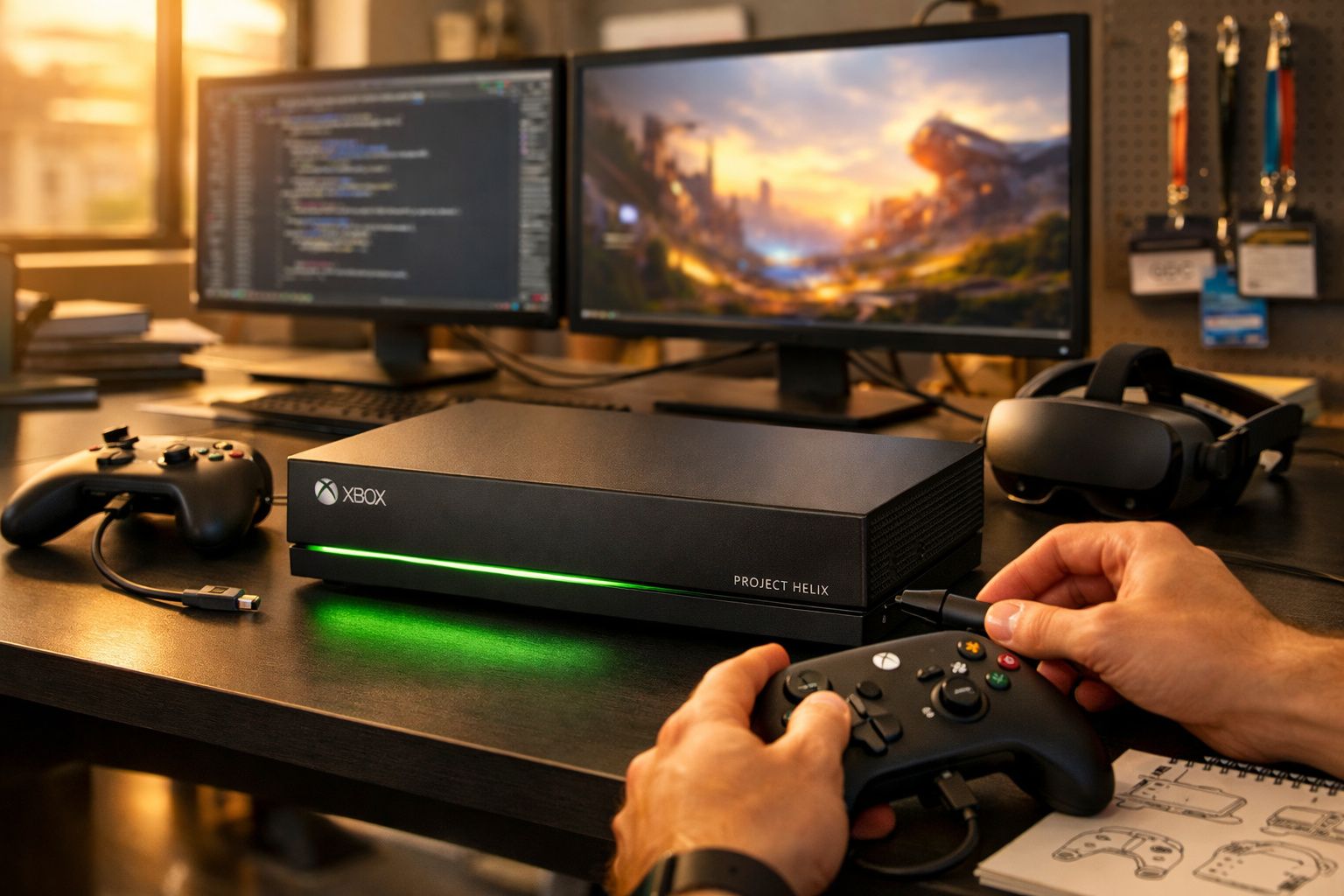 Console Xbox Project Helix com controle e headset VR em mesa com dois monitores, um mostrando código e outro jogo.