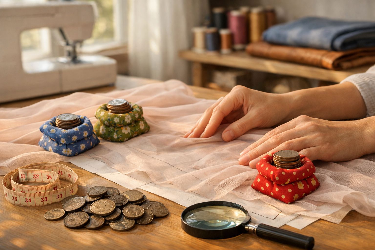 Mãos ajustando tecido transparente sobre mesa com pesos, moedas, fita métrica e lupa em ambiente de costura.