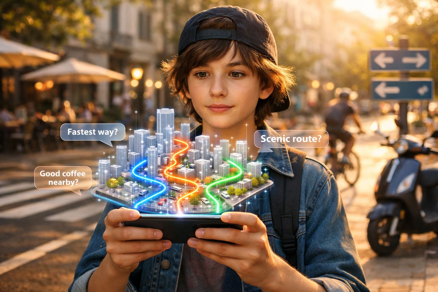 Garoto segurando dispositivo com mapa holográfico e rotas coloridas em rua movimentada ao entardecer.