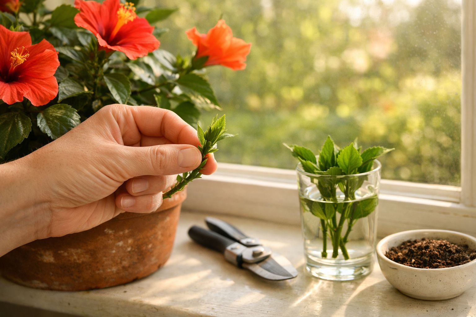Mão segurando folhagem verde, vaso com flores vermelhas, tesoura e copo com plantas perto da janela.