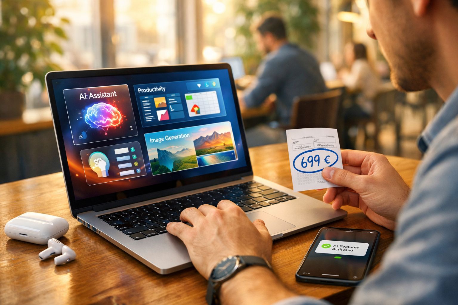 Pessoa utilizando laptop com tela sobre inteligência artificial e segurando papel com preço de 699 euros.