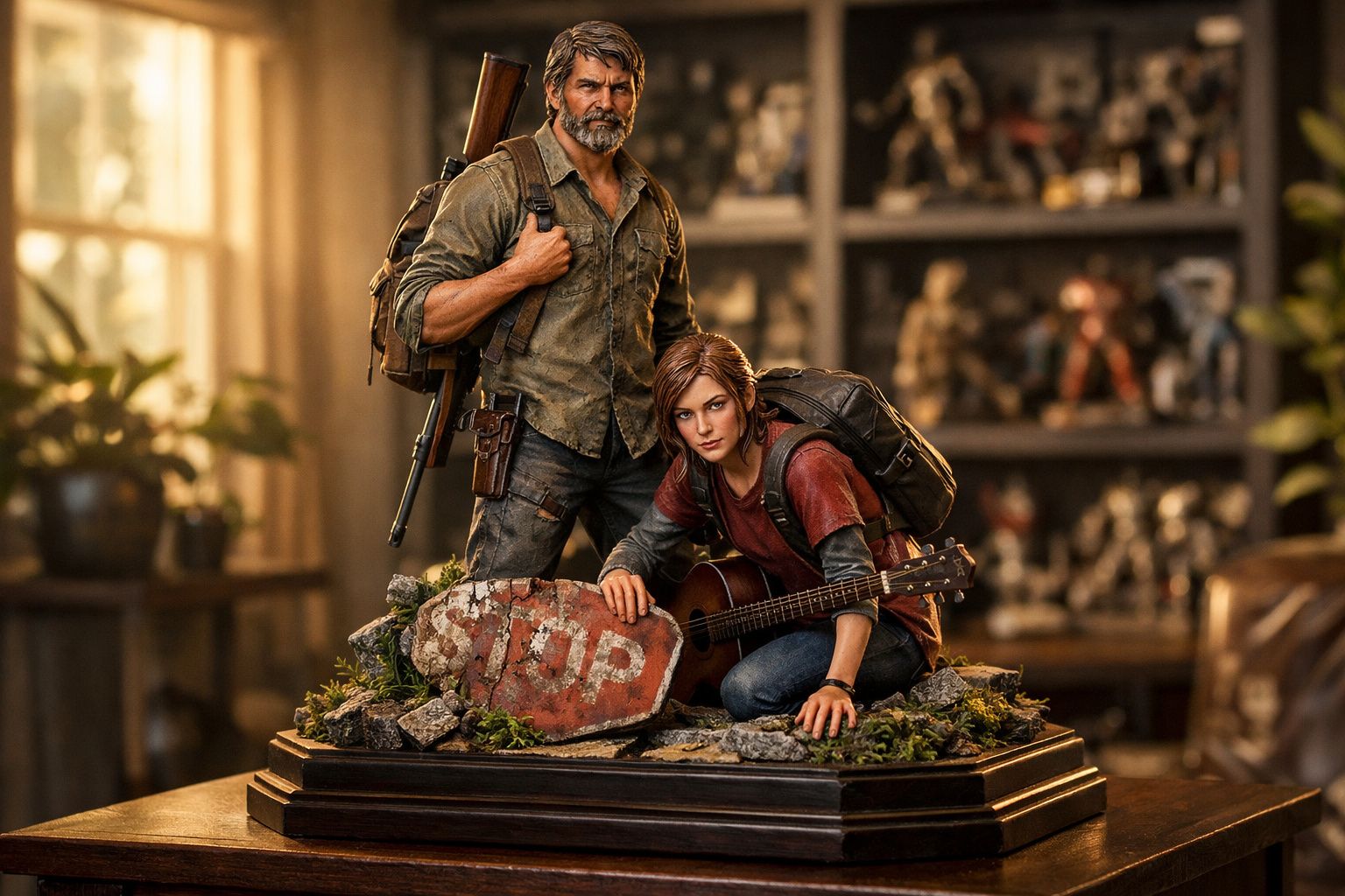 Estátua dos personagens Joel e Ellie de The Last of Us, com mochila, violão e placa de "STOP".