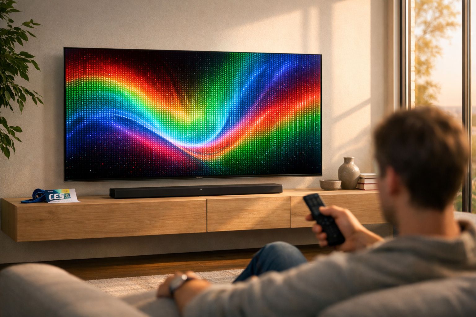 Homem assistindo TV com imagem colorida vibrante em sala de estar moderna e iluminada.