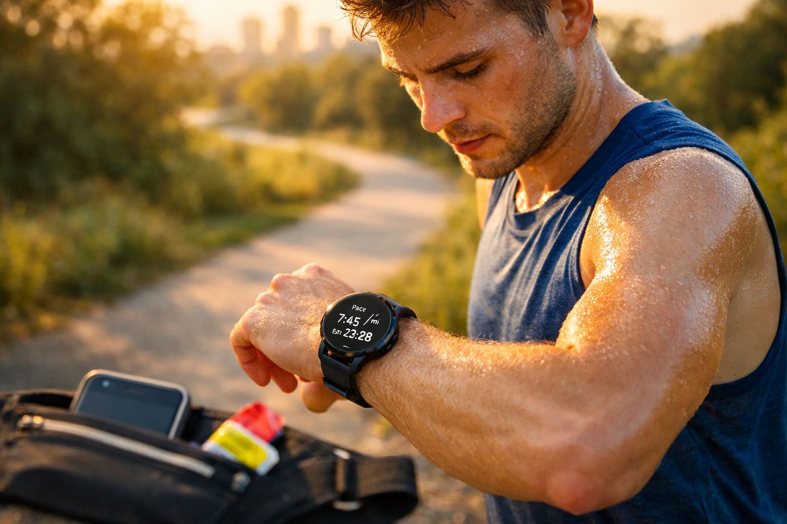 Homem suado verifica smartwatch durante corrida ao ar livre em trilha ao entardecer.