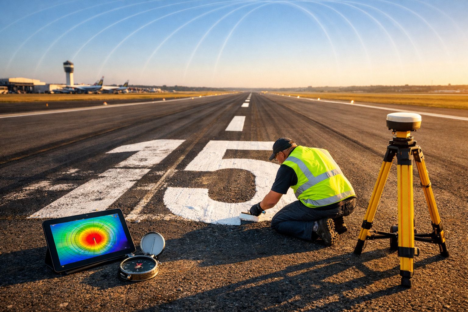 Homem com colete refletivo pinta número 15 em pista de aeroporto ao amanhecer com equipamentos de medição ao lado.