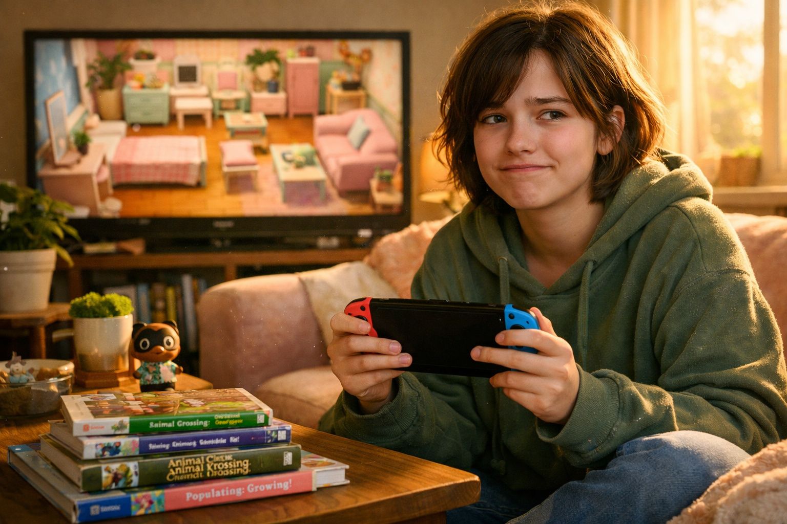 Jovem segurando console de videogame com jogos de Animal Crossing sobre a mesa em sala aconchegante.