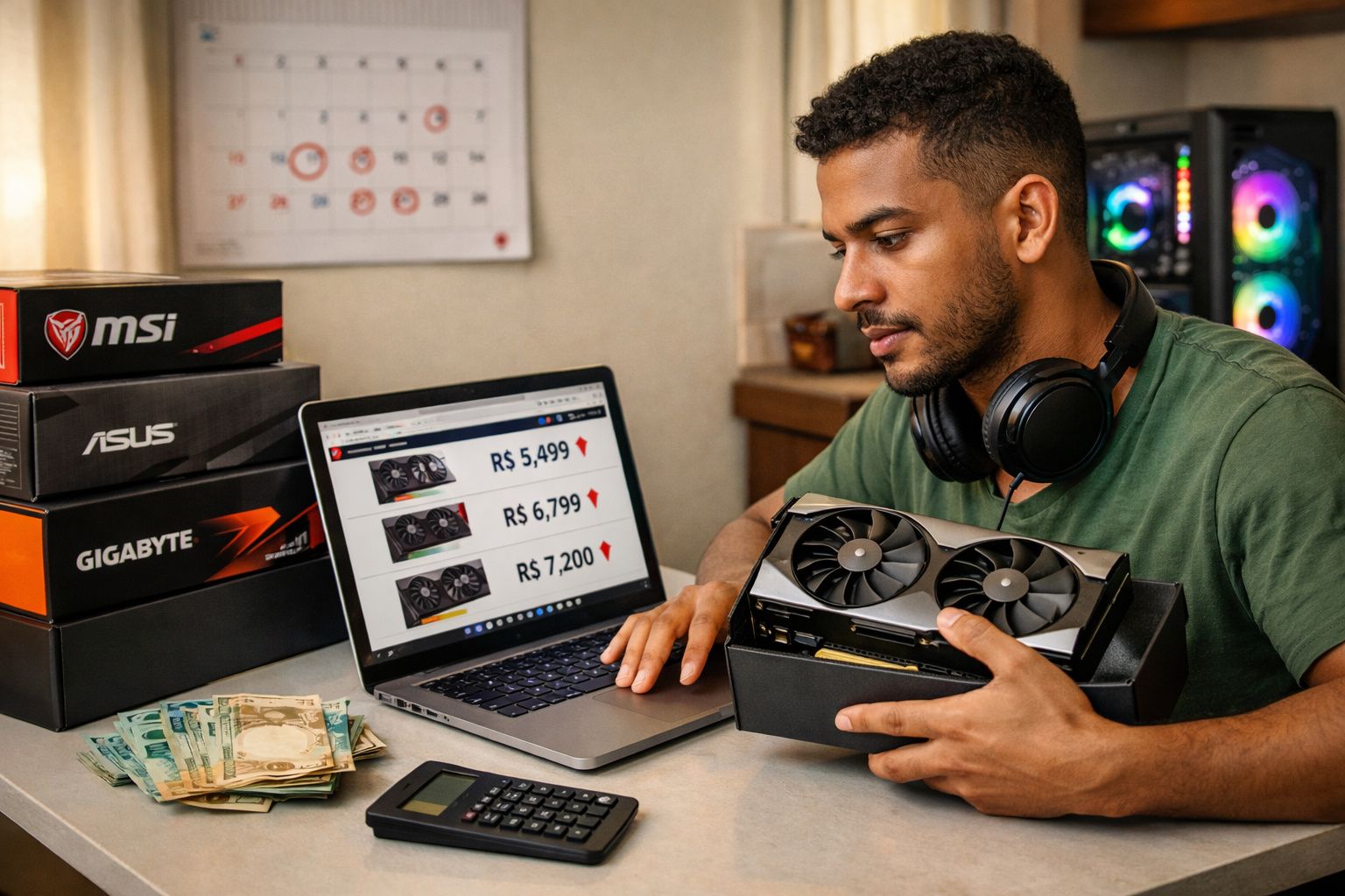 Homem segurando placa de vídeo, com laptop mostrando preços e caixas de componentes de computador ao lado.